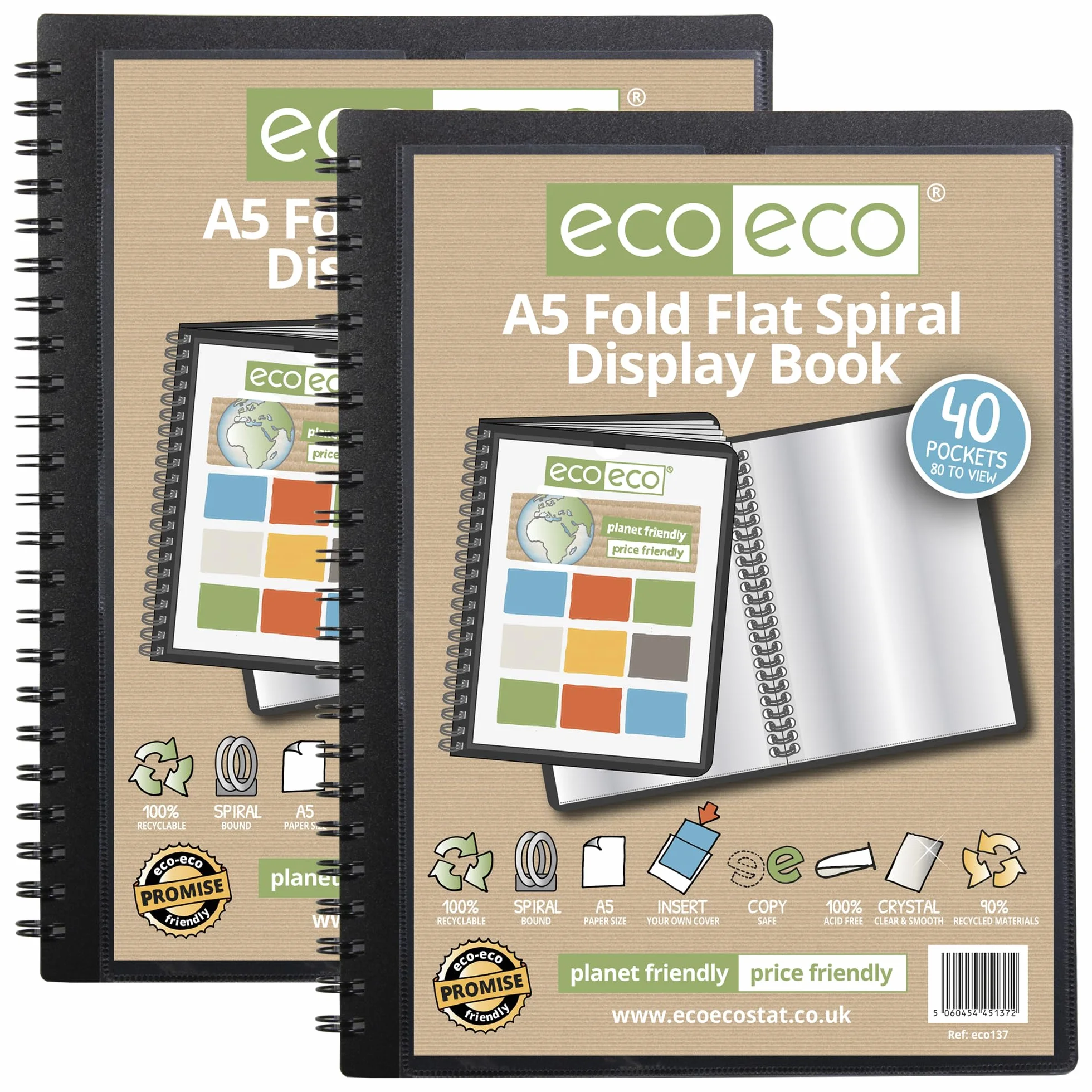 eco-eco eco137x2 - Raccoglitore per esposizione, formato A5, 50% riciclato, 40 tasche, con rilegatura a spirale, confezione da 2