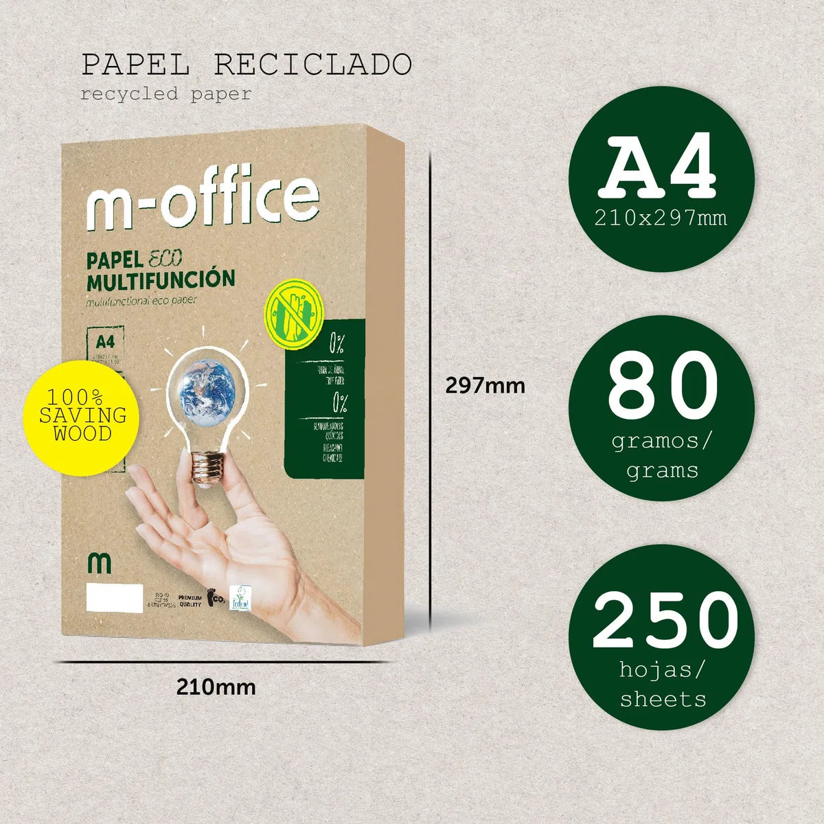 Carta riciclata, DIN A4, 80 g, carta per fotocopiatrici e stampanti, 2 confezioni da 250 fogli A4, 100% carta riciclata, m-office (500 fogli)