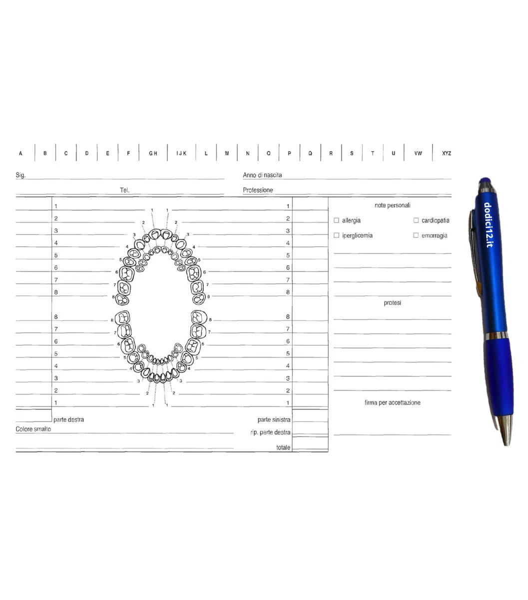 100 Schede per Dentisti e Odontoiatri 17x24 cm - Cartoncino Spesso 140g - Cartella Clinica Paziente, Anamnesi e Piano di Cura - CON PENNA TOUCH OMAGGIO Dodici12®