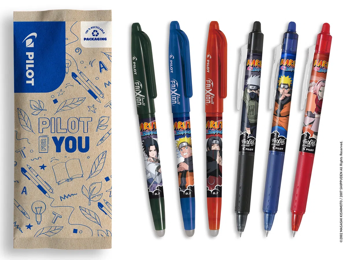 PILOT x NARUTO - Set 3 Penne FriXion Ball + 3 FriXion Ball Clicker - Cancellabili - Naruto Shipudden Limited Edition - Roller Ricaricabili - Nero, Blu, Rosso - Punta Media
