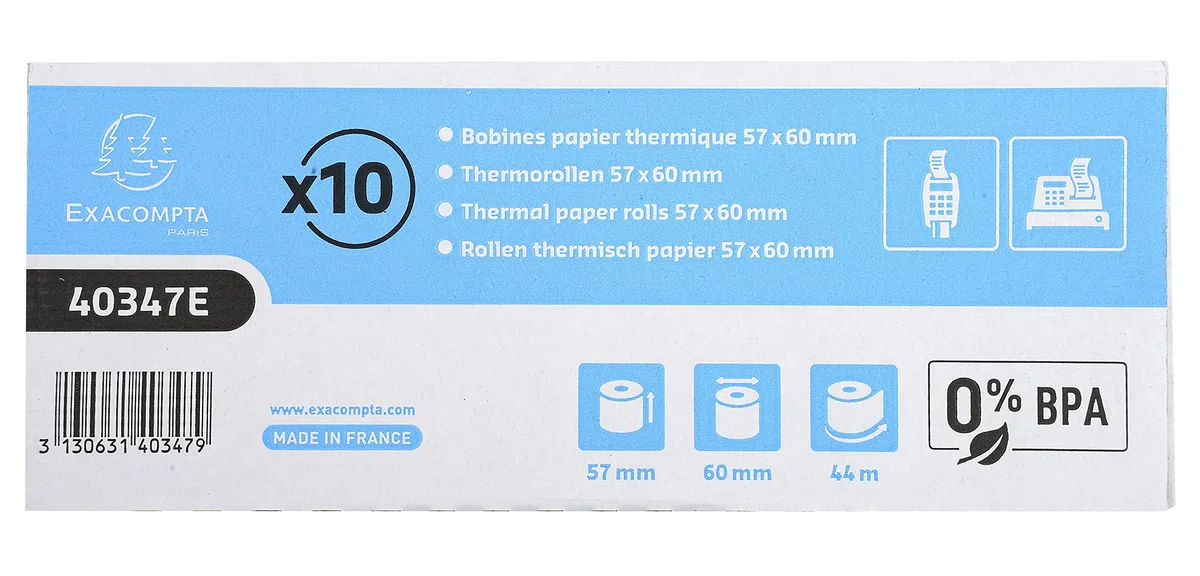 Exacompta - Ref 40347E - Rotolo di carta di credito e registratore di cassa (confezione da rotoli) - 57 mm di larghezza x 44 m di lunghezza, adatto per negozi, chioschi, caffè, ristoranti, pagamenti con carta