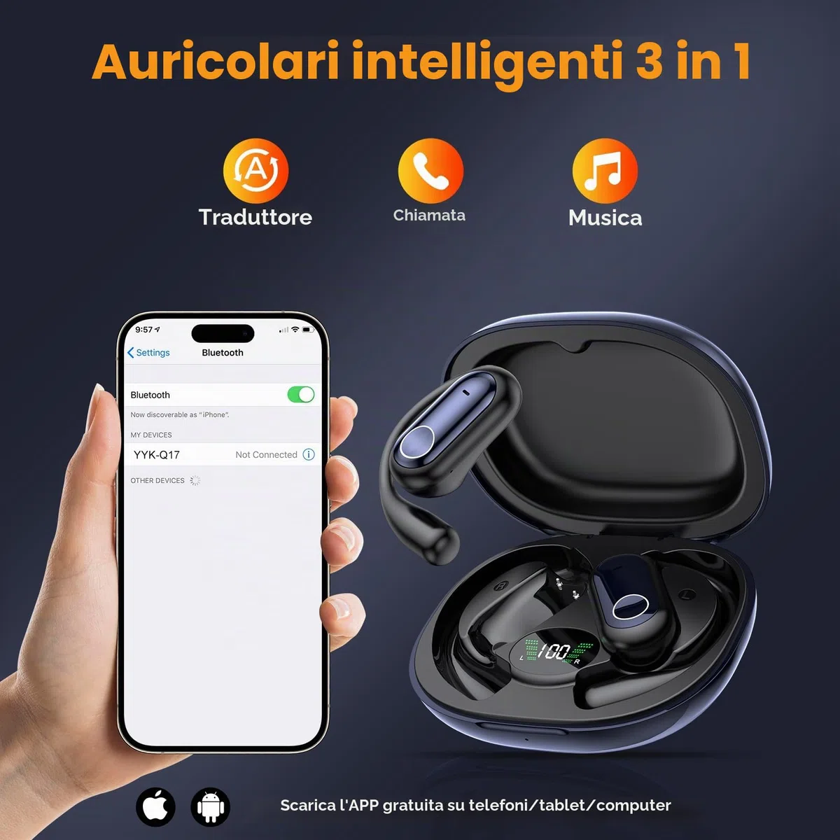 Cuffie Traduzione, 3 in 1 Auricolari Traduttori Istantanei tempo reale in 150 lingue/Musica/Chiamate, Bluetooth 5.4 con gancio auricolare per palestra/viaggi/lavoro (iOS/Android)