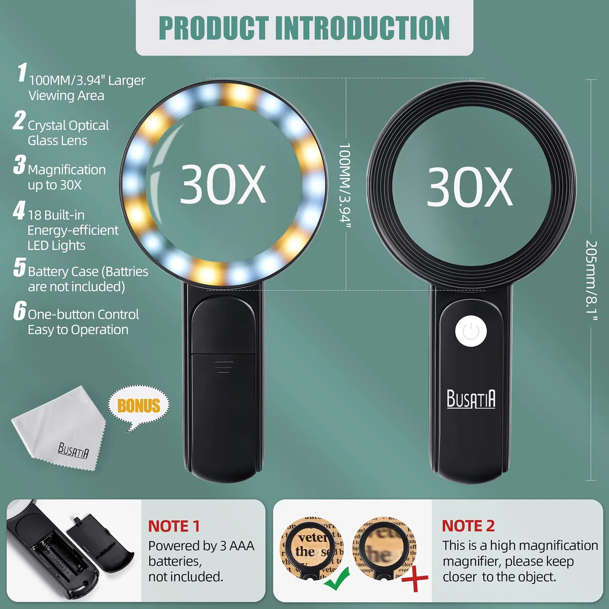 Lente di Ingrandimento 30X Illuminata con 18 LED, Grande Lente d’ingrandimento con Luce Palmare, Lente in Vetro da 100mm con 3 Modalità - con Un Panno per Pulizia - Black