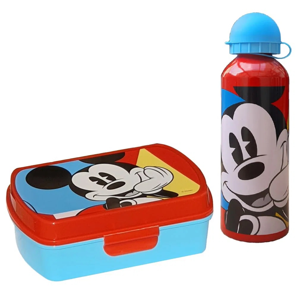 CARTOON Set pranzo 2 pezzi Topolino Disney borraccia in alluminio e portamerenda bottiglia con ciuccio e contenitore portapranzo per bambini