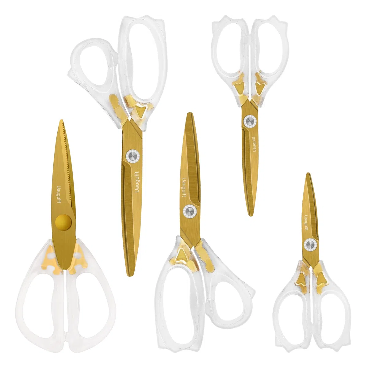 Set di 5 forbici in acrilico, lame affilate con rivestimento in titanio con manico ergonomico in ABS, adatte per cucito e casa, trasparenti e dorate