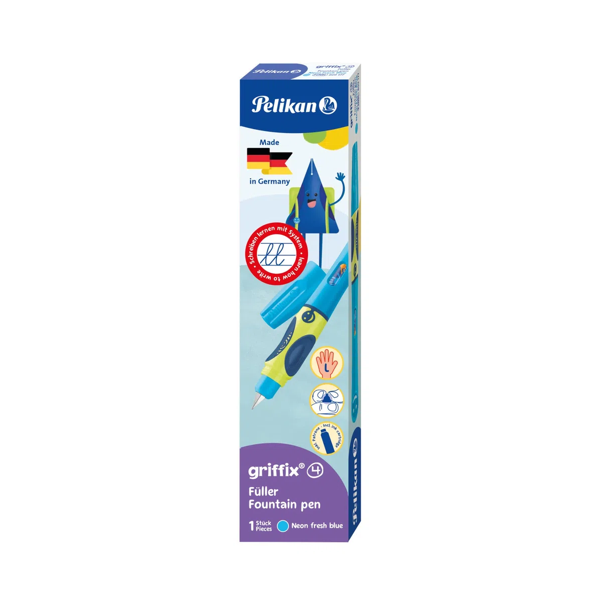 Pelikan, Griffix Penna Stilografica, Impugnatura Ergonomica per Mancini, Neon Fresh Blue, Inchiostro Blu Cancellabile, Made in Germany