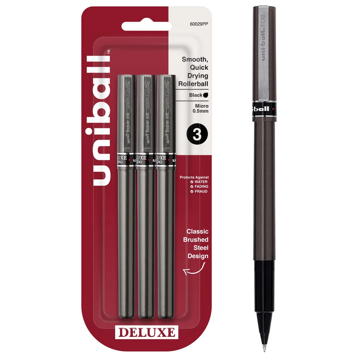 uni-ball Deluxe Micro Point Roller Ball Pens, Black, 3 (60029PP) by Uni-Ball