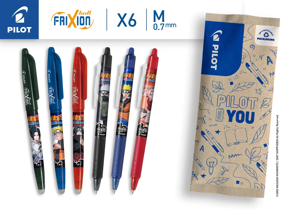 PILOT x NARUTO - Set 3 Penne FriXion Ball + 3 FriXion Ball Clicker - Cancellabili - Naruto Shipudden Limited Edition - Roller Ricaricabili - Nero, Blu, Rosso - Punta Media