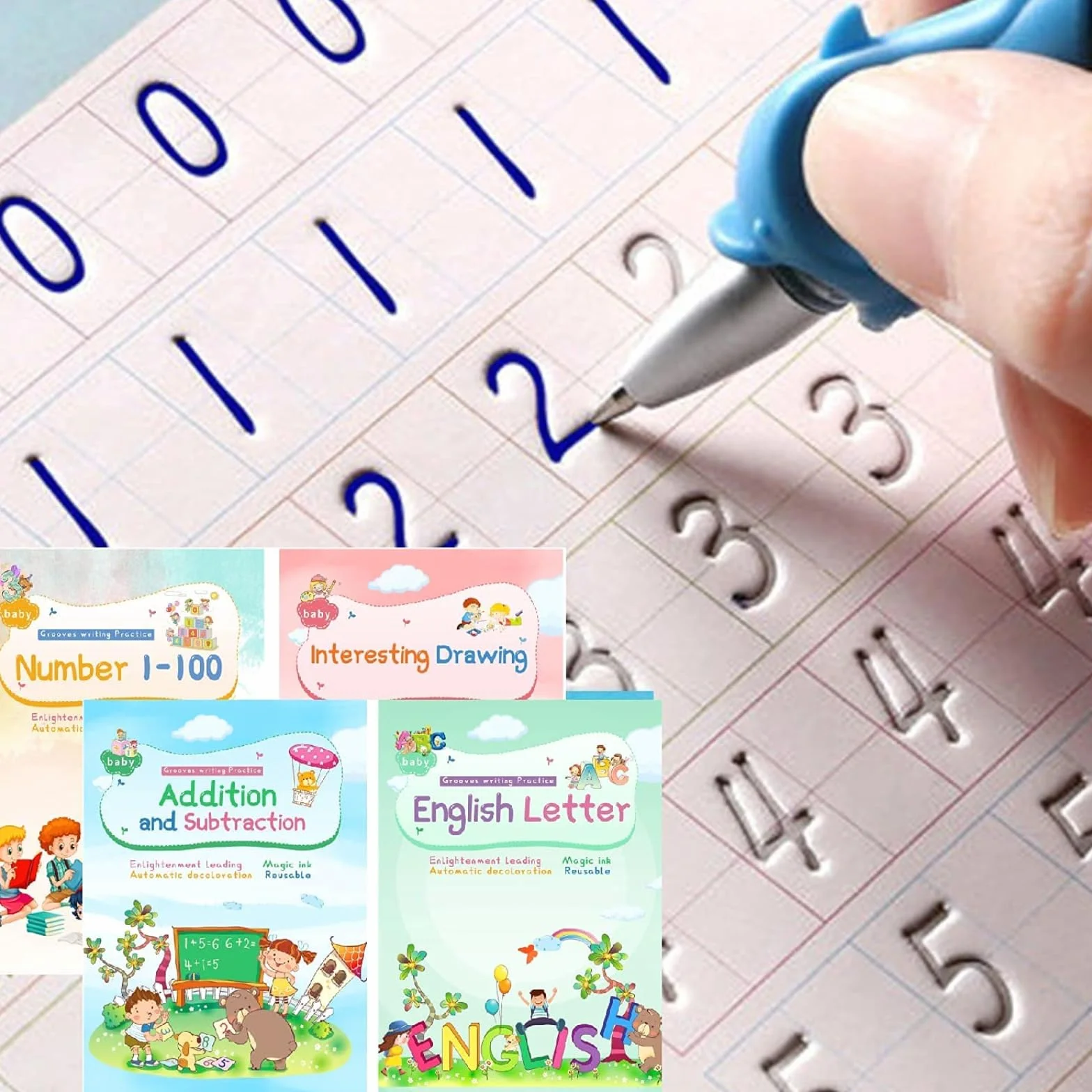 Quaderni magici per la pratica della scrittura a mano Pratico quaderno magico per la scrittura, penna magica per l'aiuto alla scrittura, quaderno riutilizzabile con design a scanalature per bambini (4