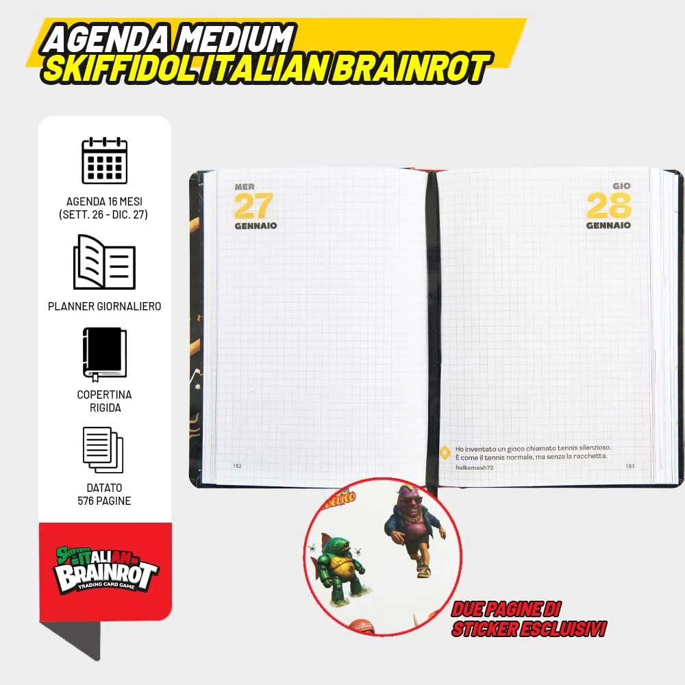 SKIFIDOL ITALIAN BRAINROT - Diario Scuola 2026-2027, Superdiario Datato 13 Mesi, Copertina Lucida Imbottita e 464 Pagine, Card Collezionabili Incluse, Formato Standard 13x17,8 cm