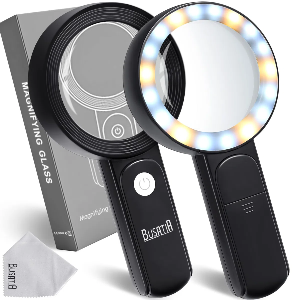 Lente di Ingrandimento 30X Illuminata con 18 LED, Grande Lente d’ingrandimento con Luce Palmare, Lente in Vetro da 100mm con 3 Modalità - con Un Panno per Pulizia - Black