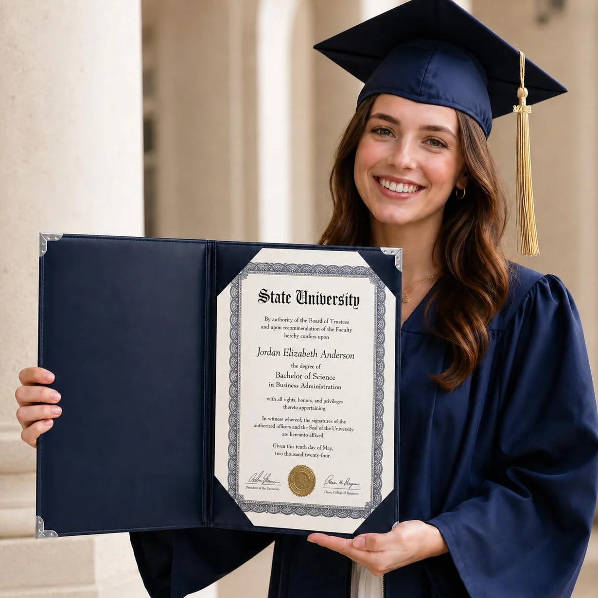 Porta diploma in finta pelle blu navy,A4, in pelle liscia con bordo protetto argento, copertine per certificati e cartelle per certificati per elegante esposizione di diploma