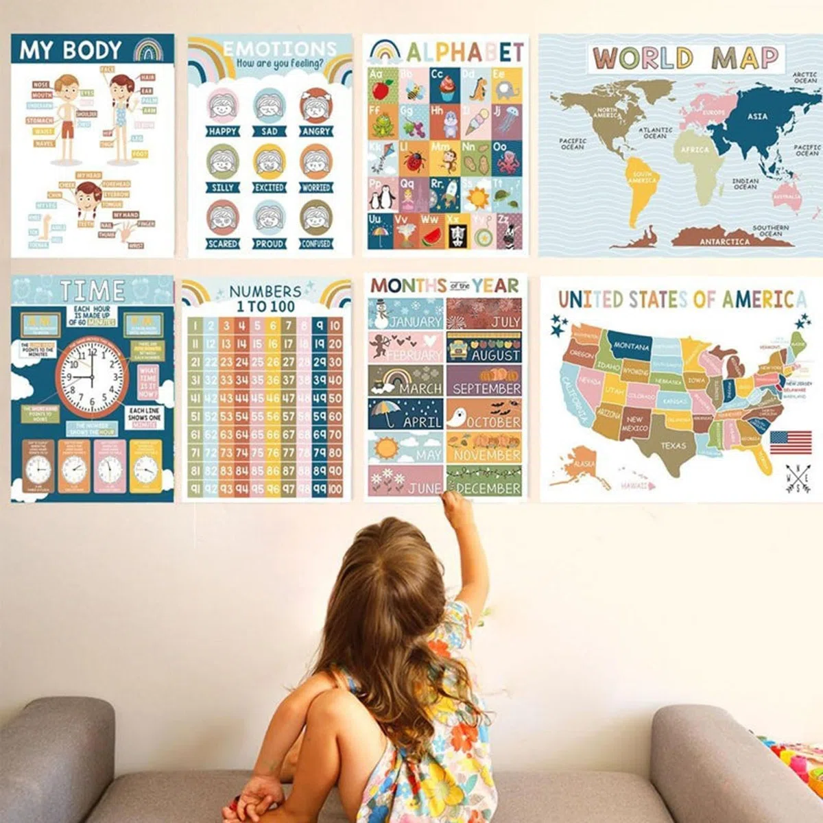 Poster inglese per bambini, poster inglesi per la classe - 16 poster per l'apprendimento delle lingue inglesi per bambini | Grafici di apprendimento in età prescolare Strumento didattico per la scuola