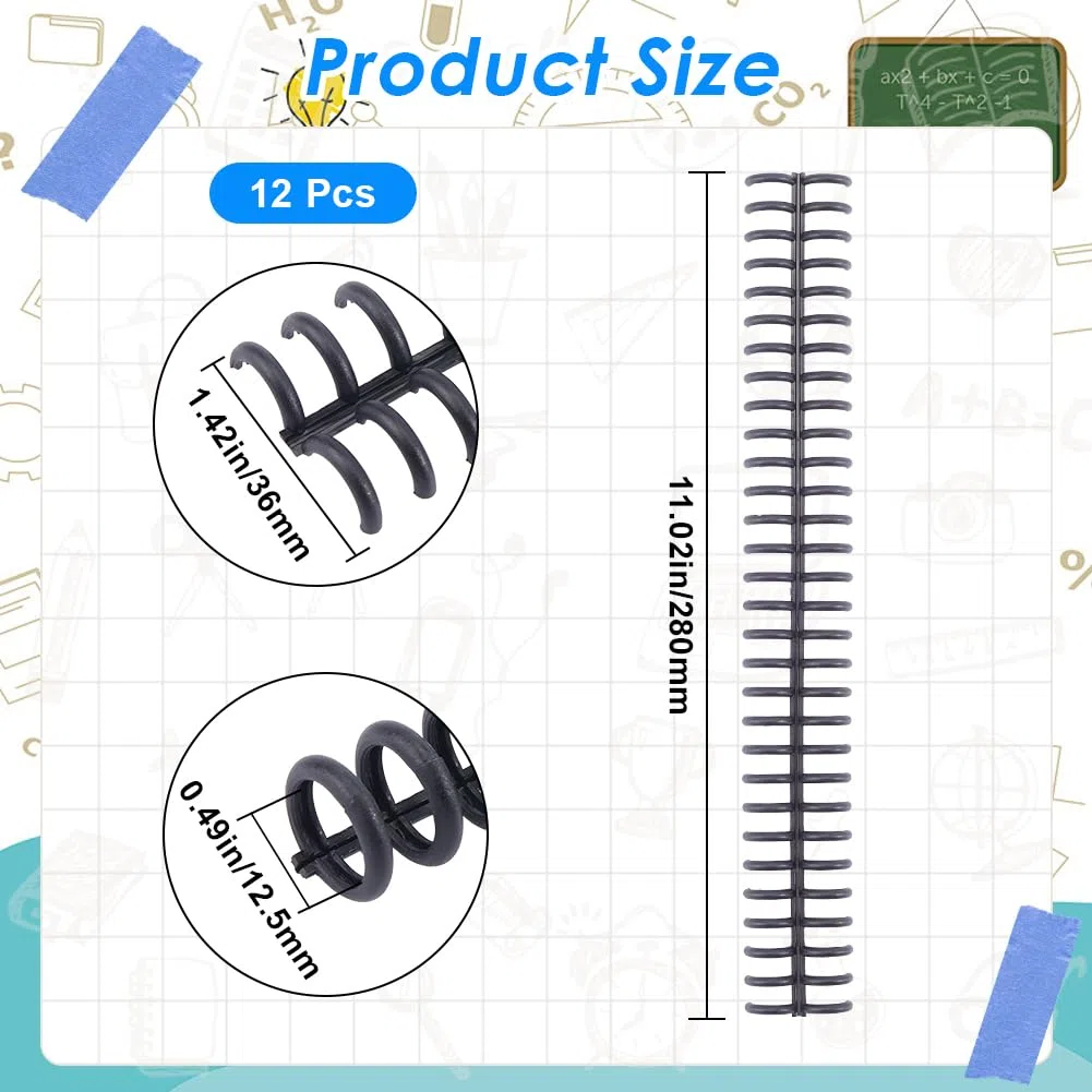 GORGECRAFT 12pz Dorsi di Rilegatura 30 Anelli Bobina di Plastica Nera Macchina Filo Doppia Spirale Rifilabile Rilegatura di Libri Aggiunta di Pagine per Insegnante Studente Documento Quaderno 12mm
