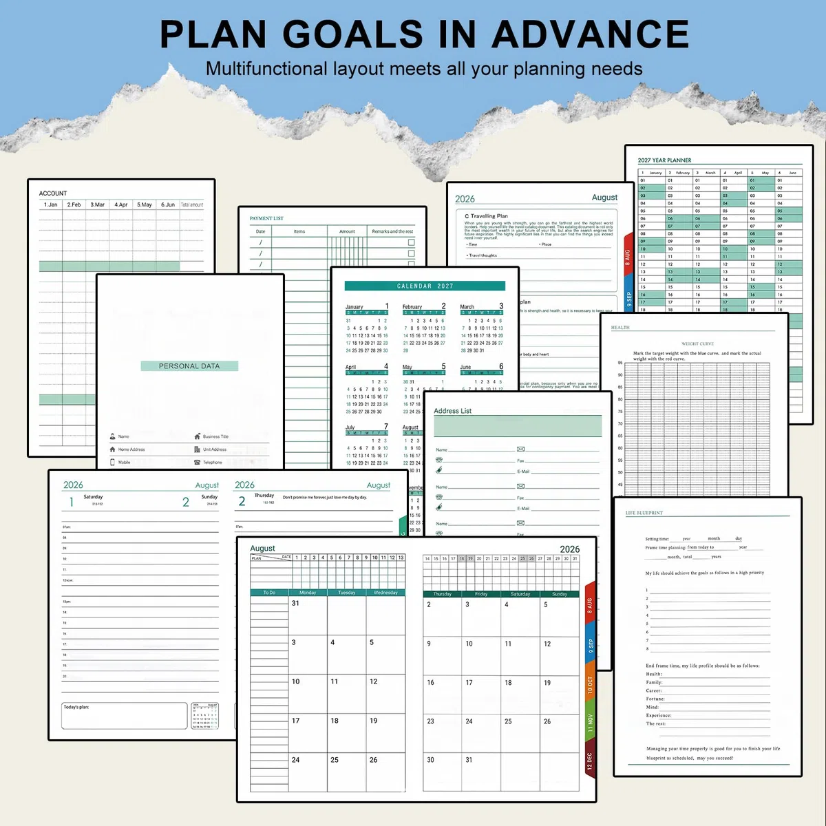 Agenda accademica anno 2026-27, formato A5, pagina per giorno, da metà anno, da luglio 2026 a giugno 2027, agenda con copertina rigida con portapenne, tasca frontale, linguetta mensile colorata
