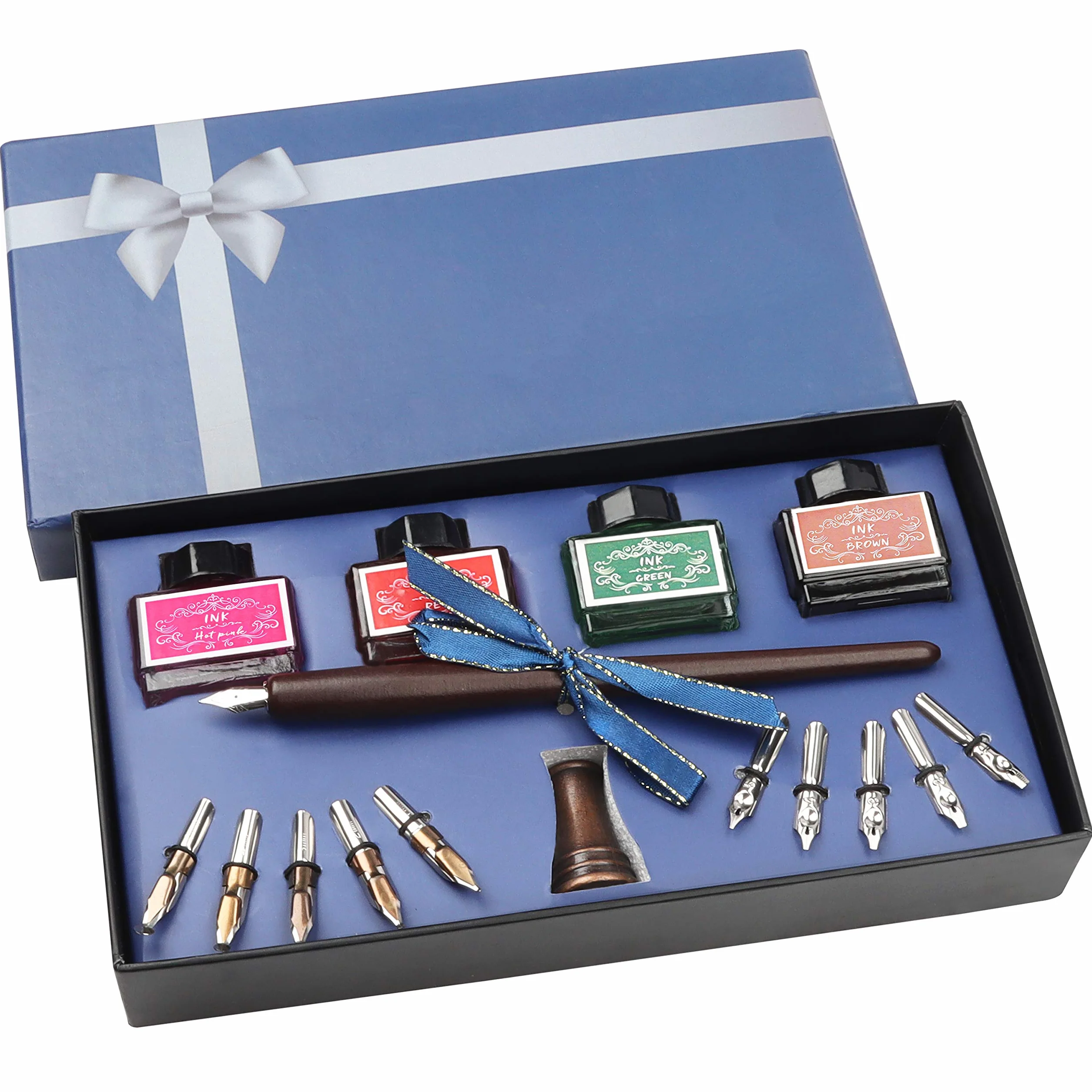 Belle Vous Set Calligrafia con Penna Stilografica in Legno con Supporto, Boccette di Inchiostro Stilografiche e Pennini Calligrafia (16pz)- Kit di Calligrafia con Penna e Calamaio per Adulti
