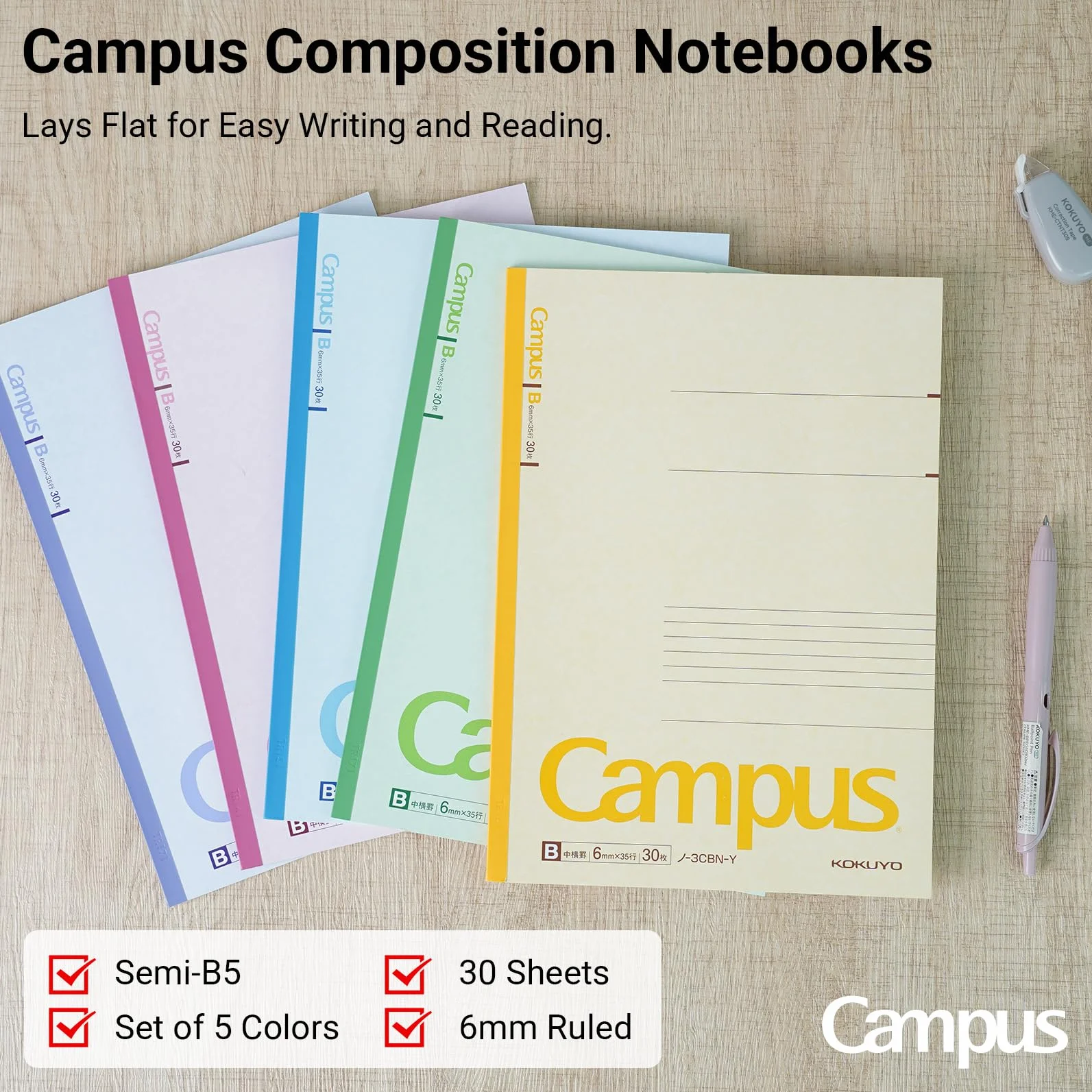 Kokuyo Campus Todai Series - Quaderno a righe, formato B5, 252 x 179 x 4 mm, rigatura 6 mm, 35 righe x 30 pagine, confezione da 5 copertine colorate, 3CBNx5