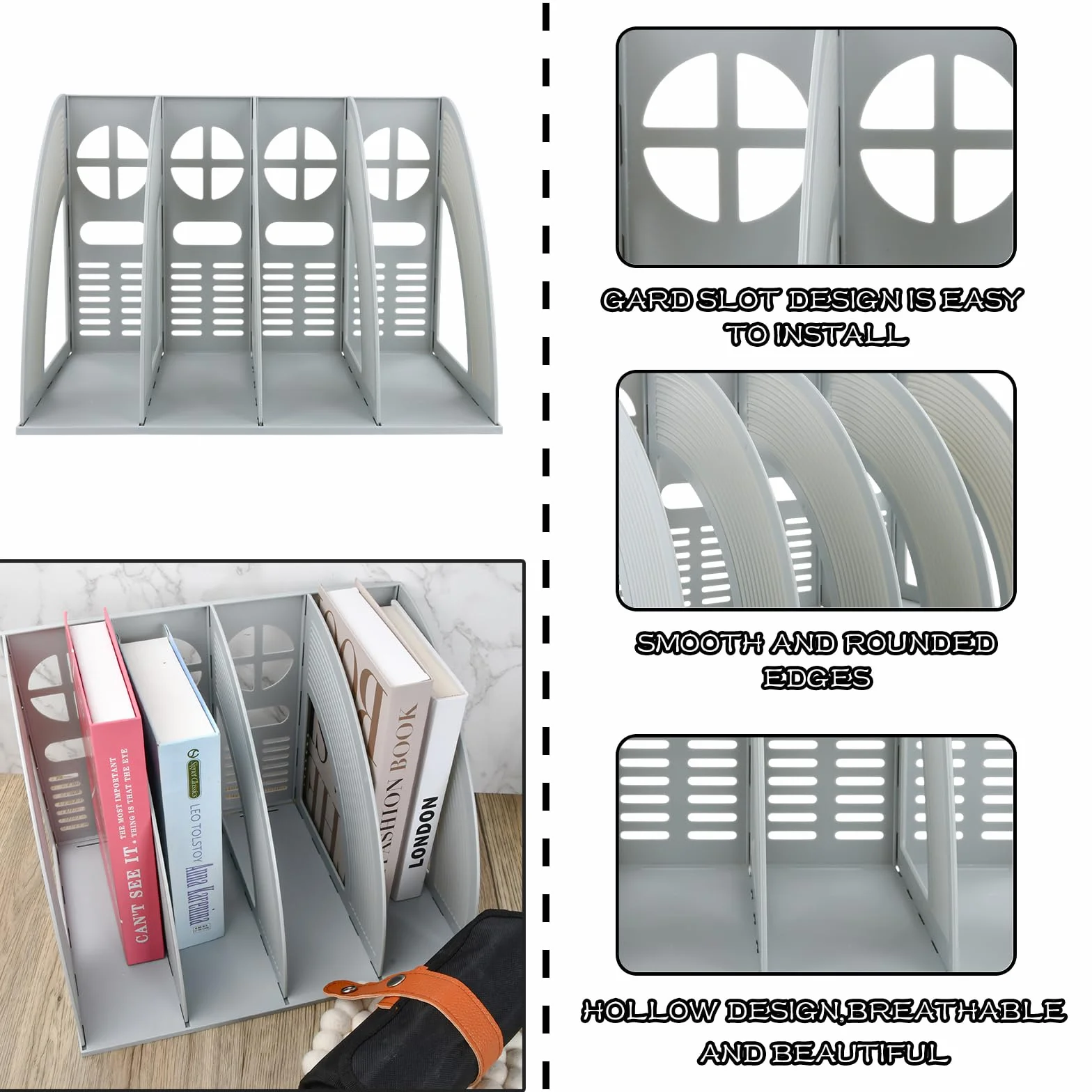 Portariviste con 4 Scomparti, Portariviste da Scrivania Verticale, Porta Quaderni da Scrivania, Robusto Organizer in Plastica per Documenti A4, Porta Libri per Ufficio, Scuola, Casa (Grigio chiaro)