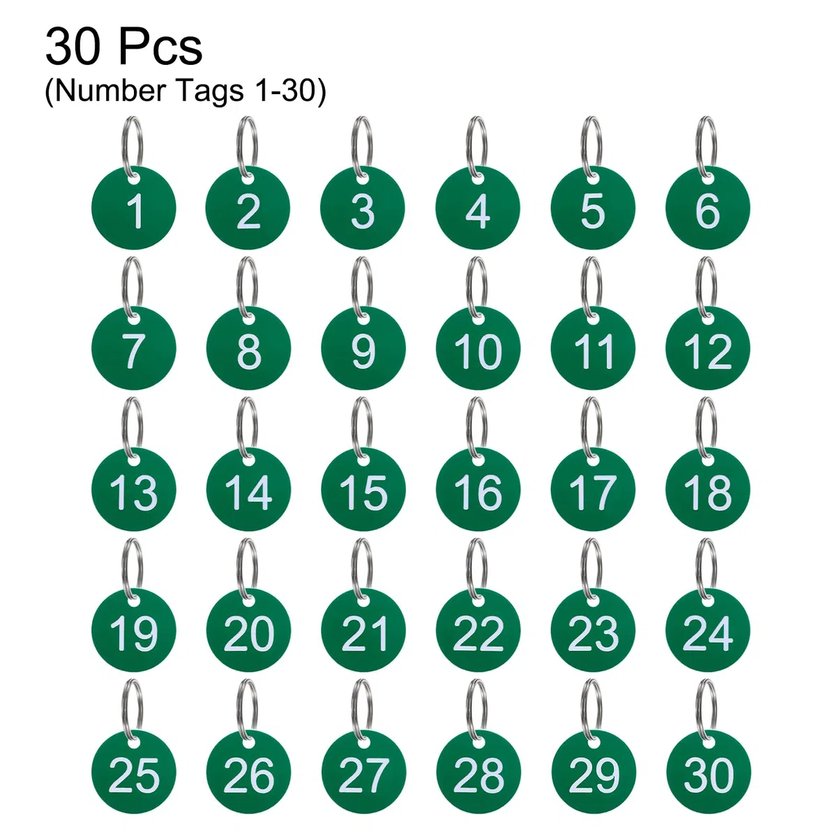 QUARKZMAN Portachiavi Numerati da 1 a 30, 30pz Targhette Numerate Rotondo da 35 Mm, Portachiavi Numerate in Plastica per Chiavi Dormitorio, per Armadietti Casa, Verde