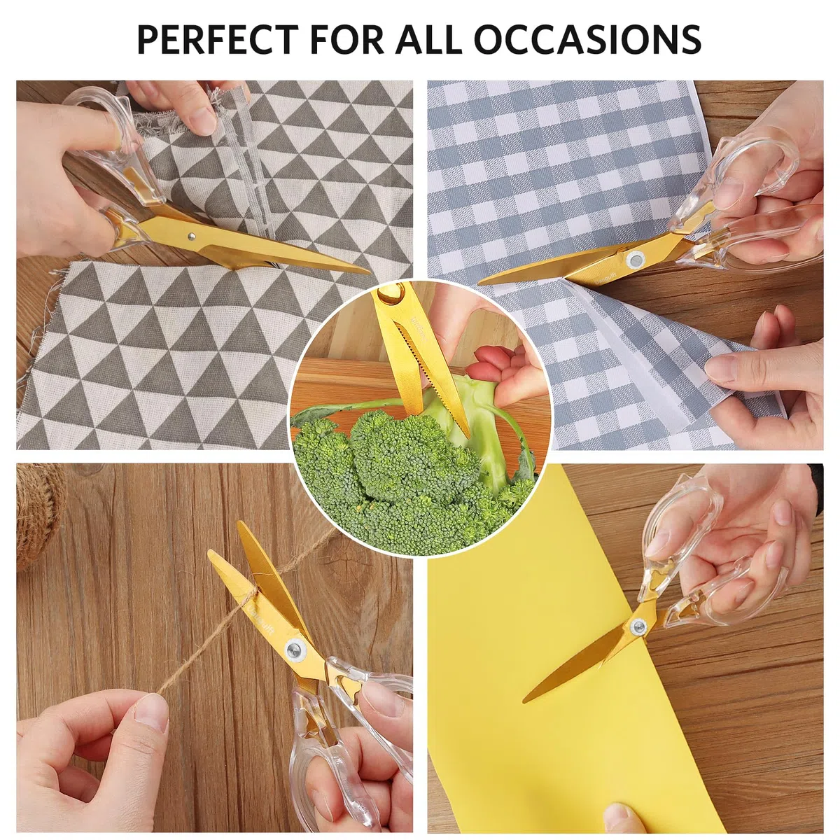 Set di 5 forbici in acrilico, lame affilate con rivestimento in titanio con manico ergonomico in ABS, adatte per cucito e casa, trasparenti e dorate