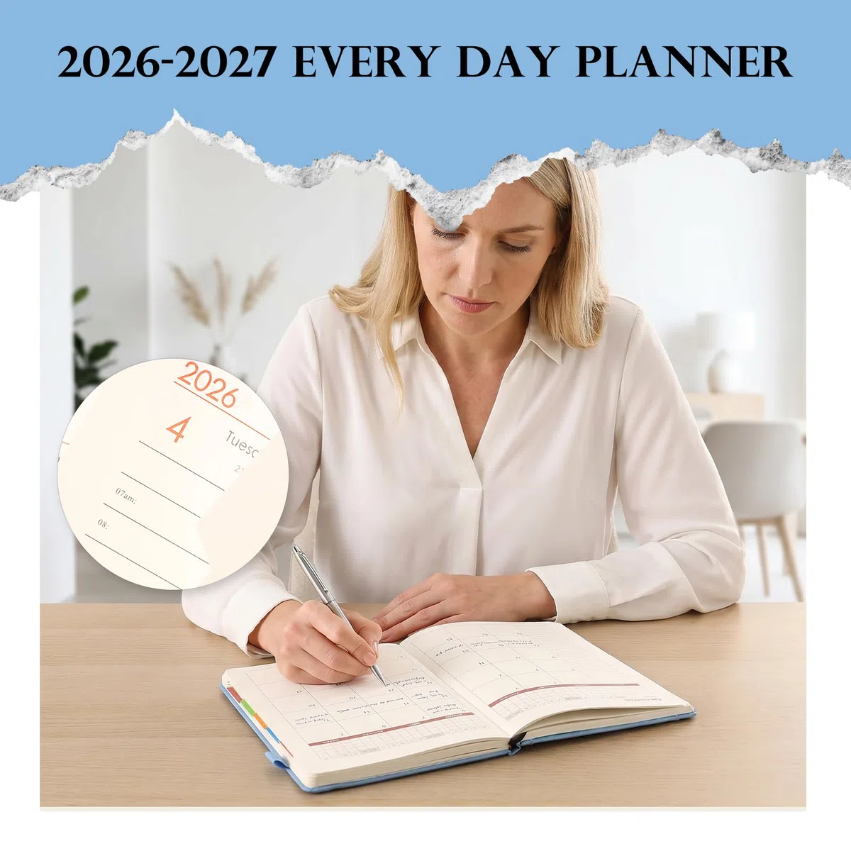 Agenda accademica anno 2026-27, formato A5, pagina per giorno, da metà anno, da luglio 2026 a giugno 2027, agenda con copertina rigida con portapenne, tasca frontale, linguetta mensile colorata
