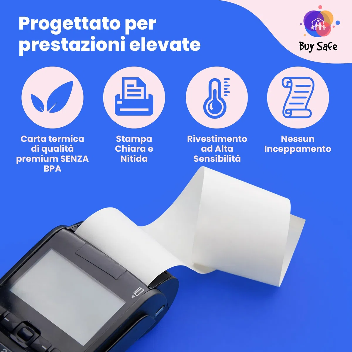 BUY SAFE 20 Rotoli Pos Universali in Carta Termica di Alta Qualità BPA Free, Rotoli Pos 57x20 metri Compatibili Con Dispositivi di Pagamento Fissi e Mobili, Made in Italy