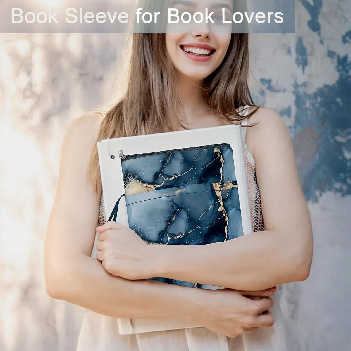 NICENEEDED Custodia per Libro Cerniera, Copertina per Libri Tascabili, Custodia per Libri Impermeabile in Marmo Blu con Protezione per Libri